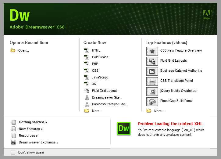 Giao diện khởi động phần mềm Adobe Dreaweaver CS6