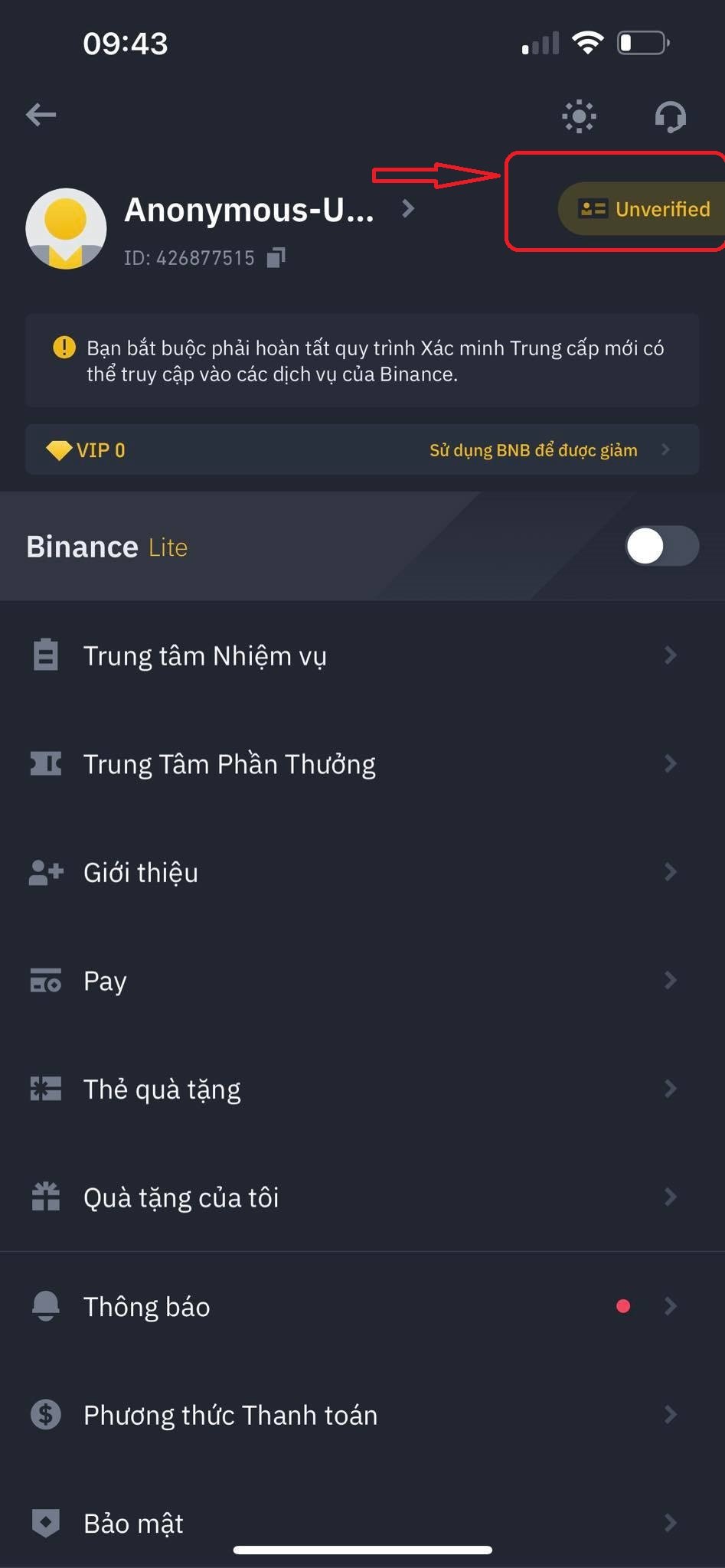 Xác minh danh tính (KYC) trên ứng dụng Binance