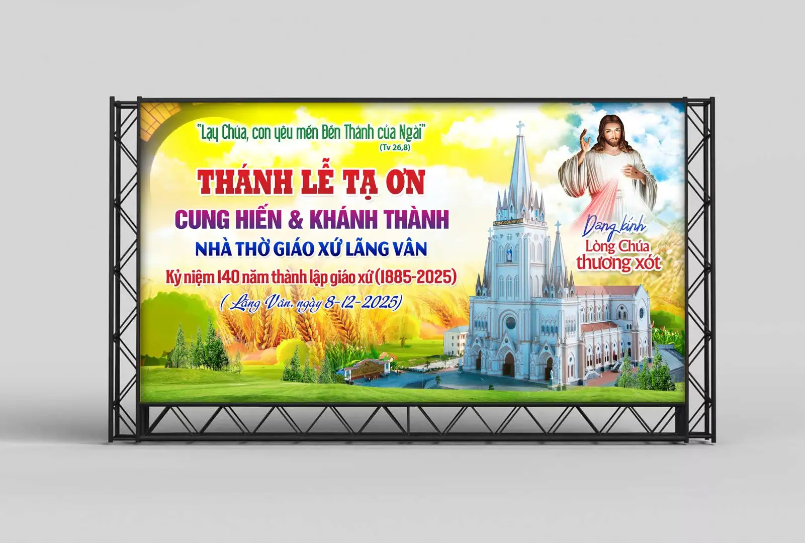 Giuseart.com - Mockup phông sân khấu Lễ khánh thành Nhà thờ Lãng Vân