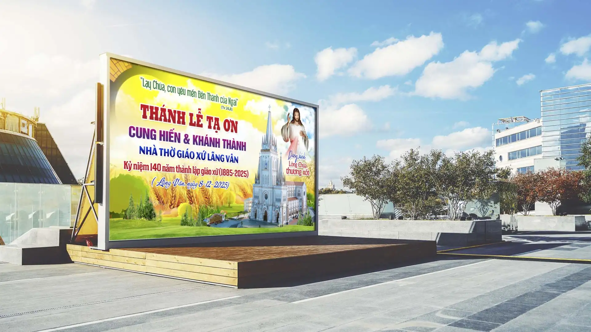 Giuseart.com - Mockup phông sân khấu Lễ khánh thành Nhà thờ Lãng Vân