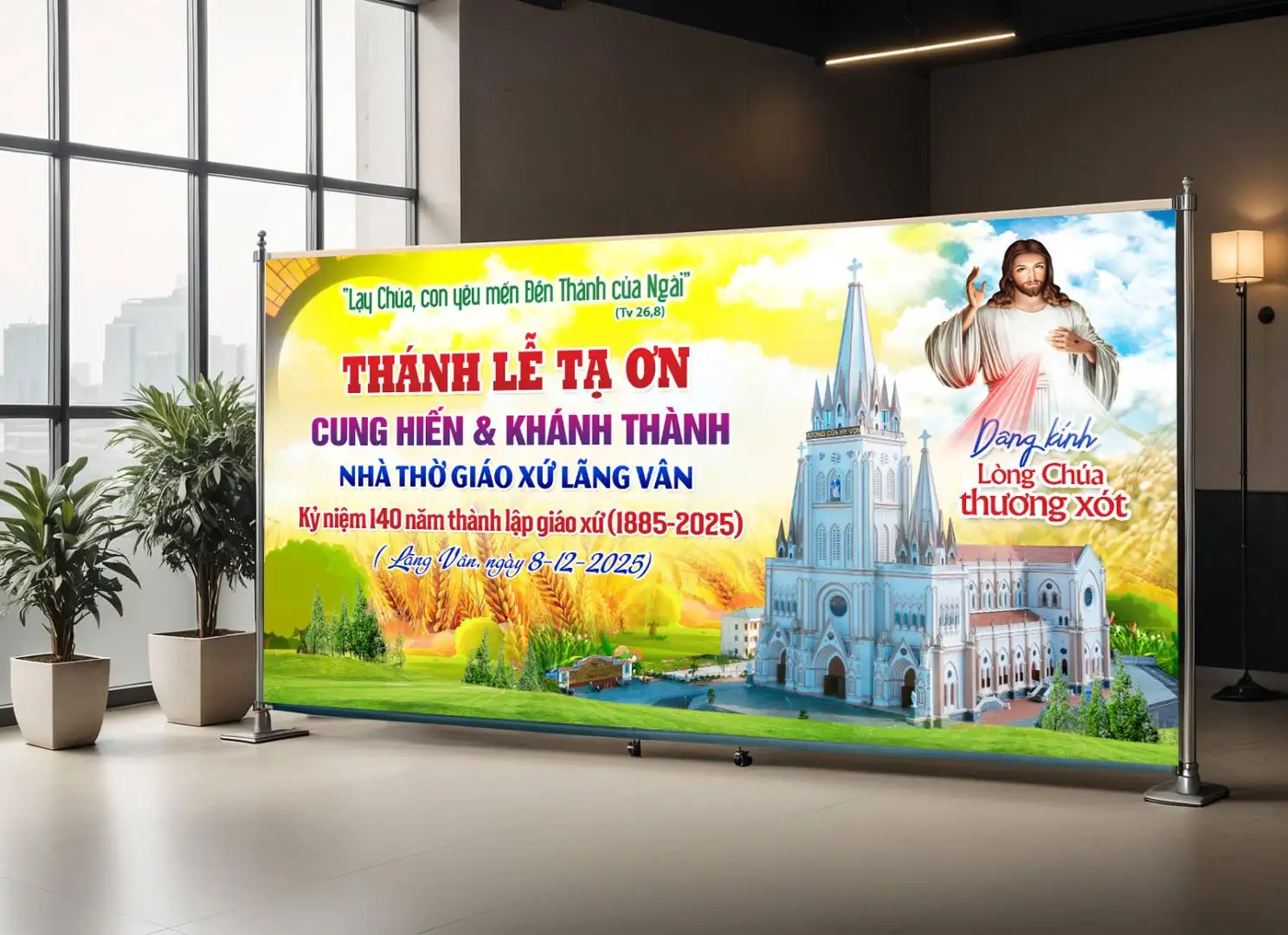 Giuseart.com - Mockup phông sân khấu Lễ khánh thành Nhà thờ Lãng Vân